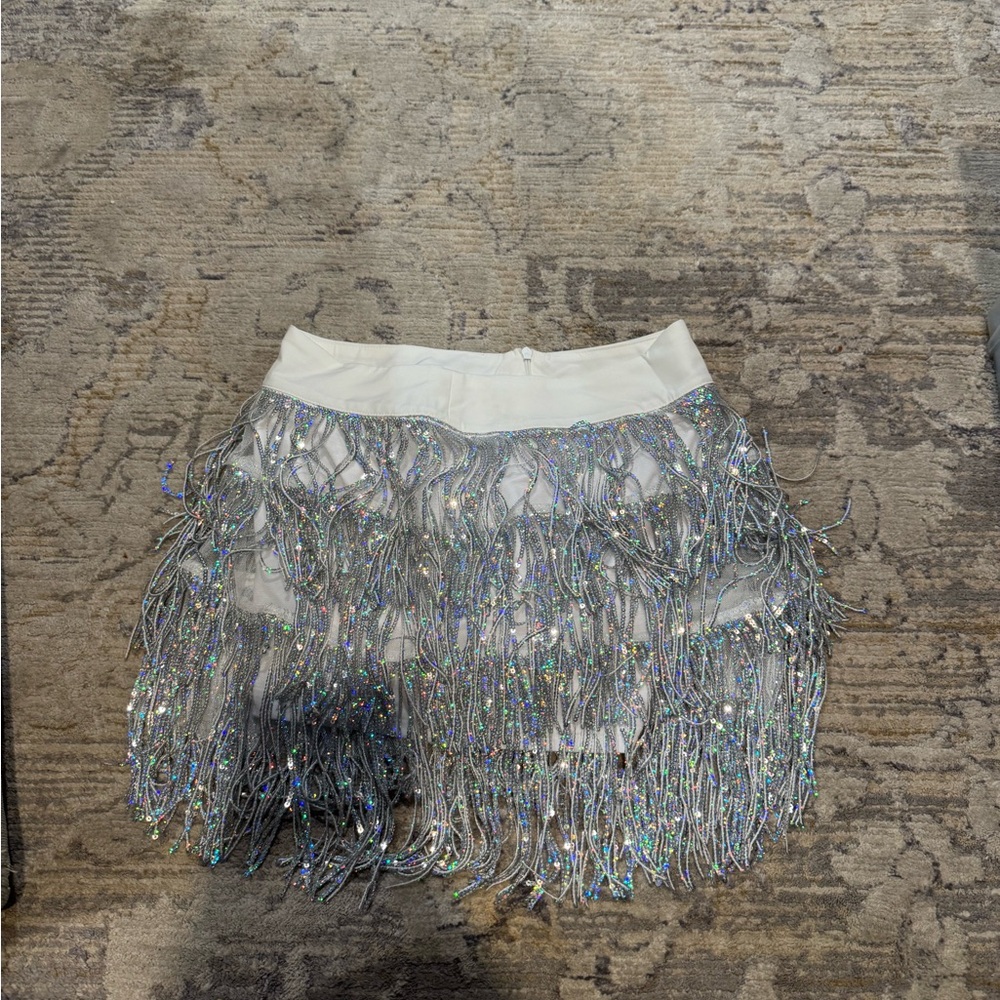Sequin Fringe Skirt - Silver
